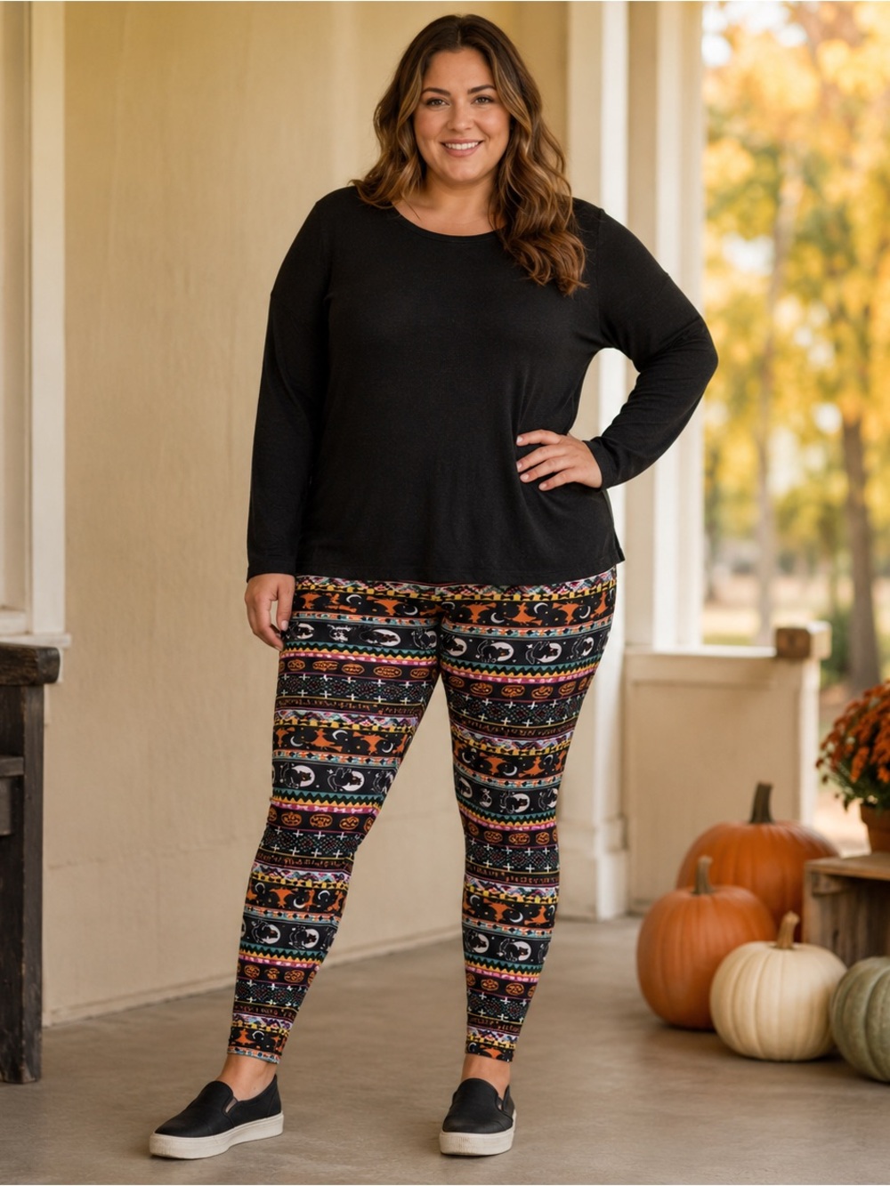 Bobbie Brooks Halloween Leggings Womens XL Black Cat Pumpkin Bat Colorful Stripe
